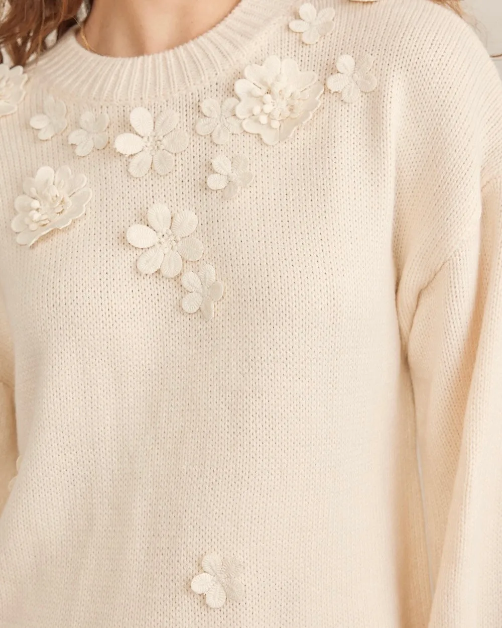 Floral Applique Relaxed Fit Sweater Mini Dress in Cream