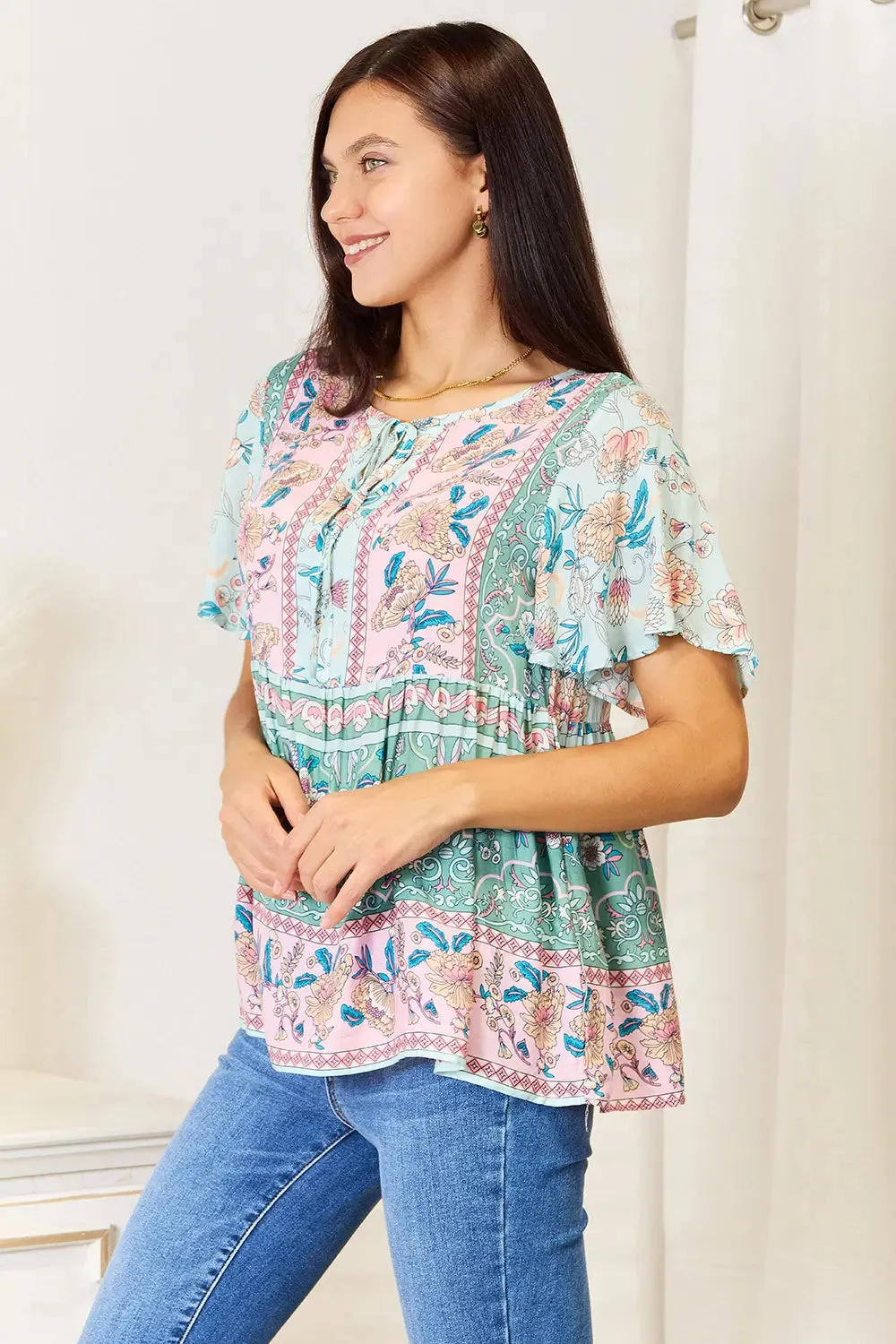 Floral Tie Neck Short Sleeve Blouse