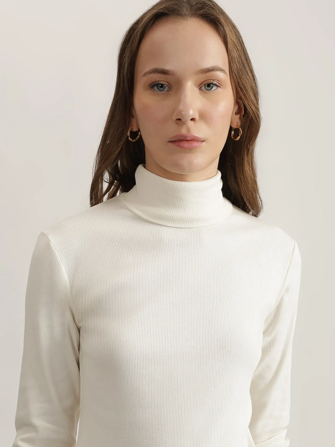 Gant Women White Solid Turtle Neck Full Sleeves Top