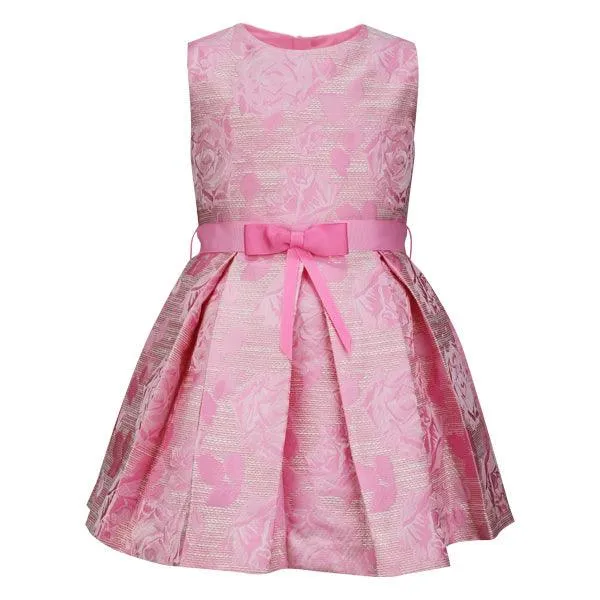 GIRLS PINK SLEEVELESS DAMASK DRESS WITH BOW DETAIL