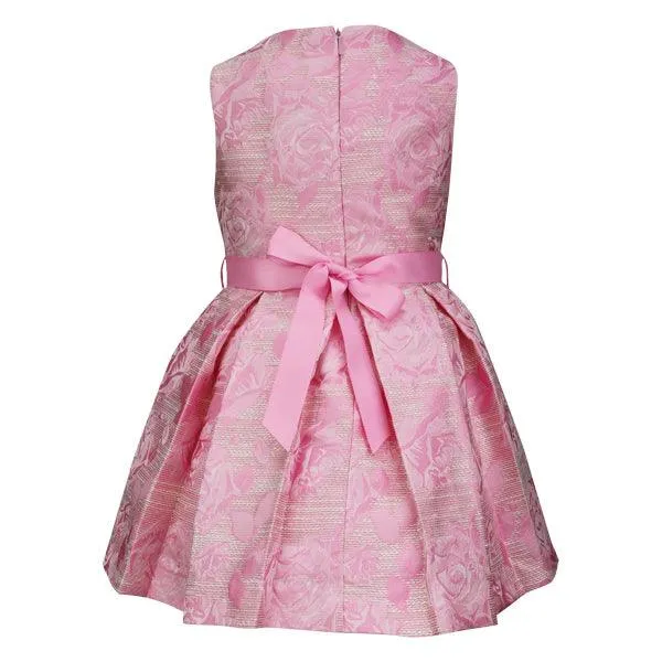 GIRLS PINK SLEEVELESS DAMASK DRESS WITH BOW DETAIL