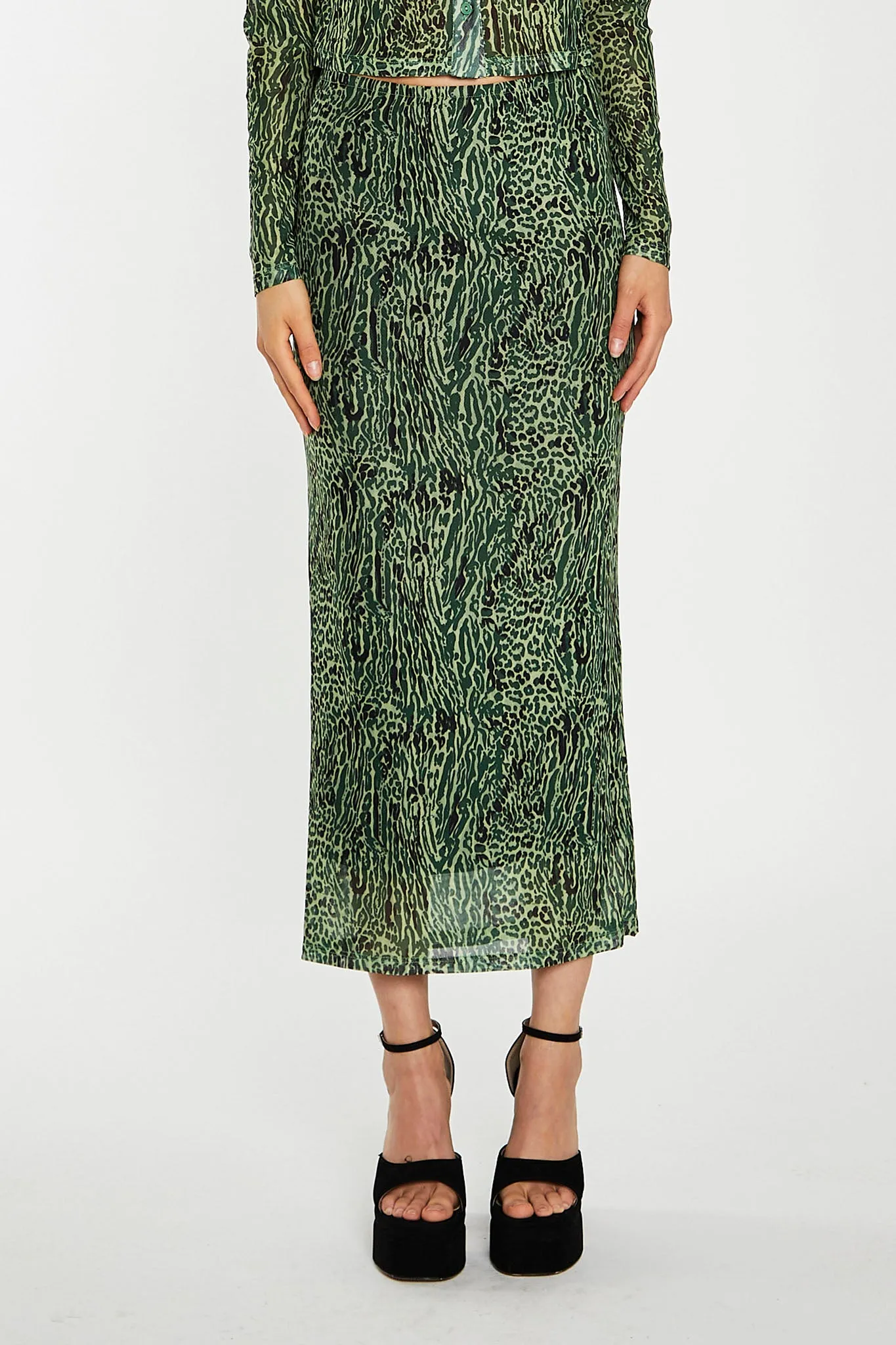 Green-Black Animal Mesh Pencil Midi-Skirt