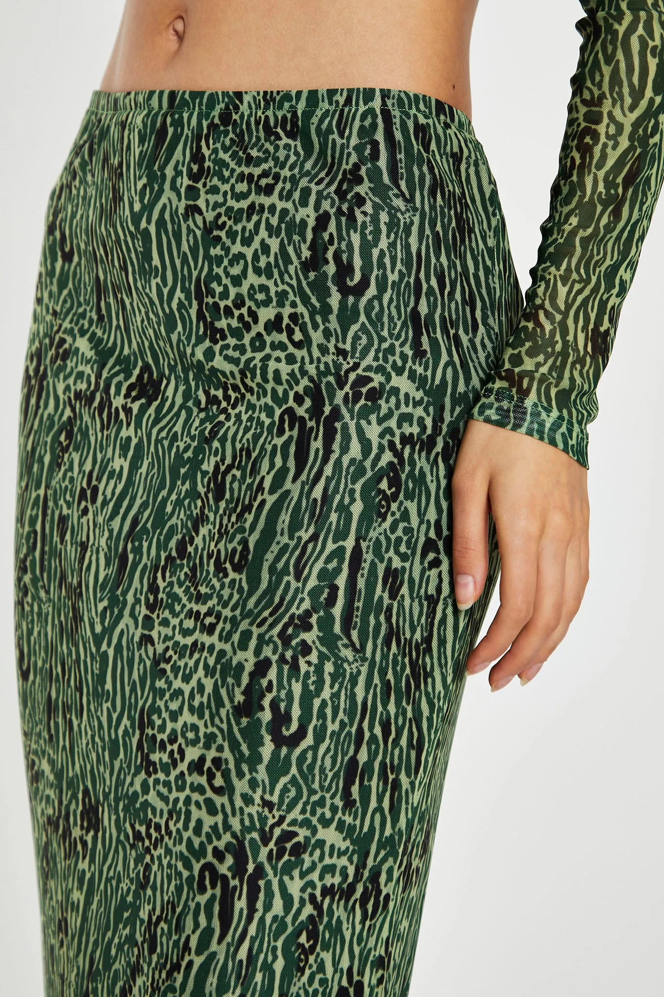 Green-Black Animal Mesh Pencil Midi-Skirt