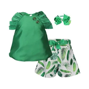 GREEN MIKADO DRESS SET WITH HAIRBOW