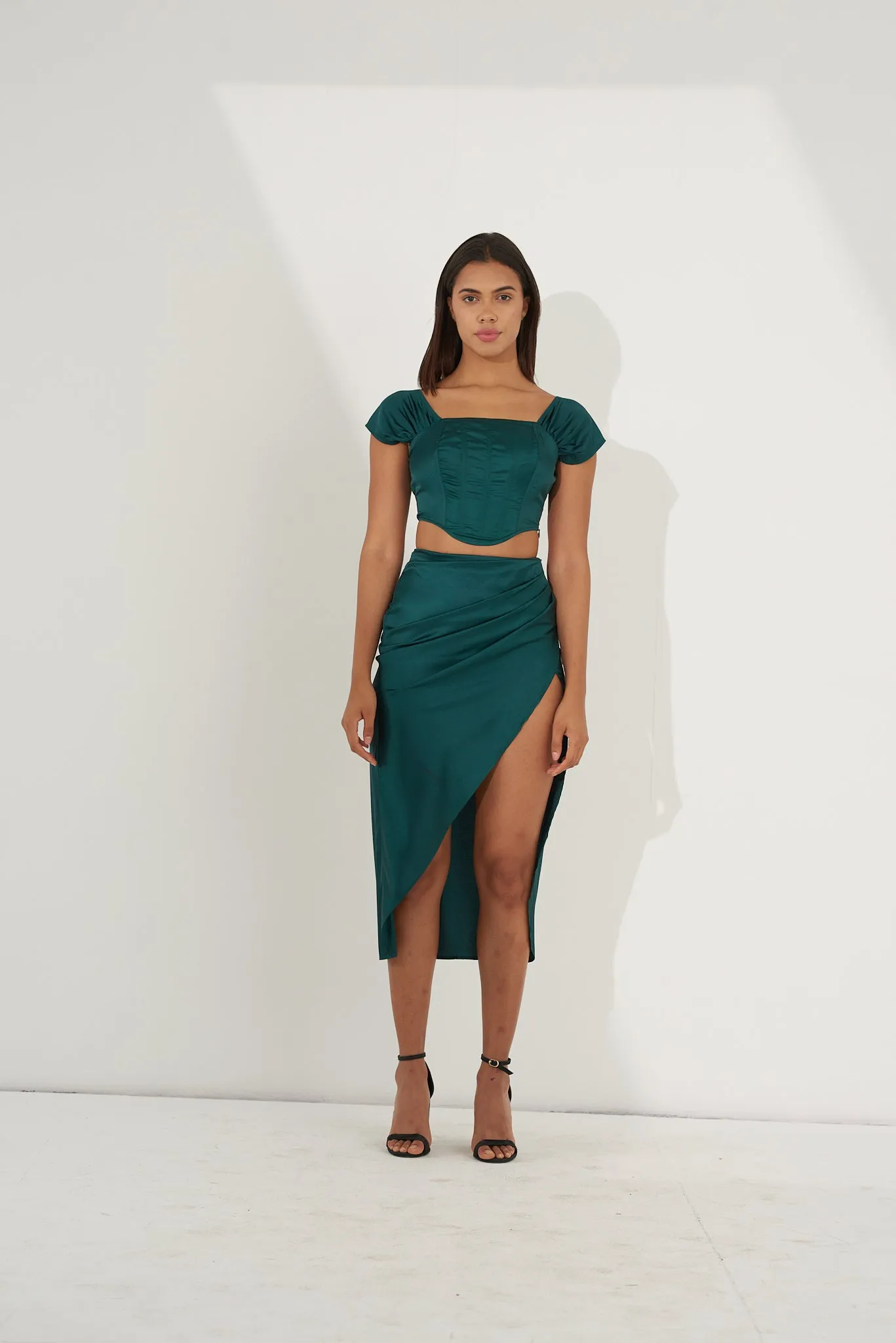 Green Satin corset top with pleated skirt with Regular fit