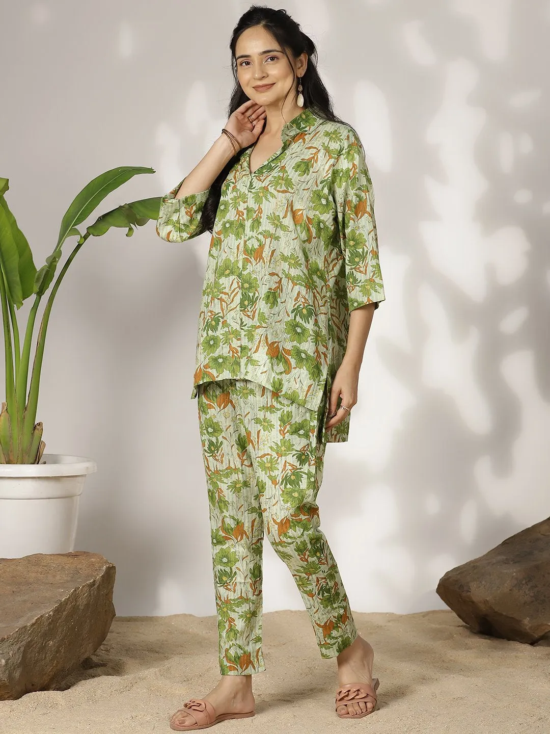 GreenFloral Cotton ShirtTop & Pants