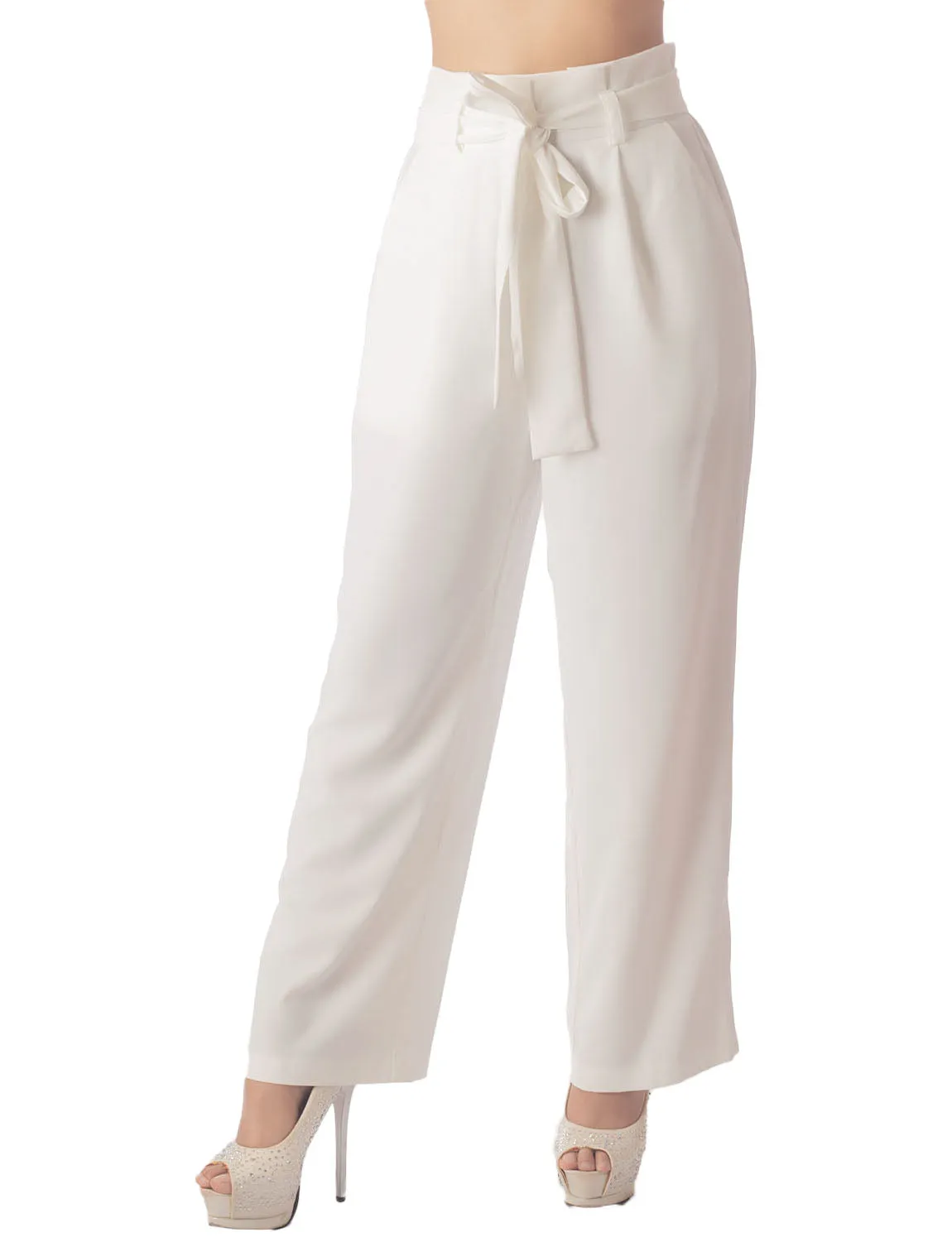 iB-iP Women's Bow Belt High Waist Cozy Casual Relaxed Wide Leg Pants