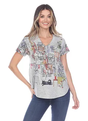 Inoah - Hometown, Short Sleeve, V-Neck Contemporary Fashion A-Line Top