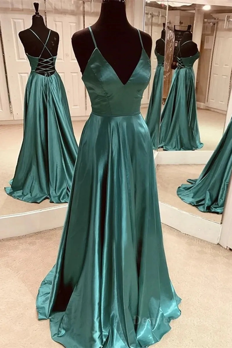 kamahe A Line V Neck Open Back Emerald Green Satin Long Prom Dress, Backless Emerald Green Formal Graduation Evening Dress