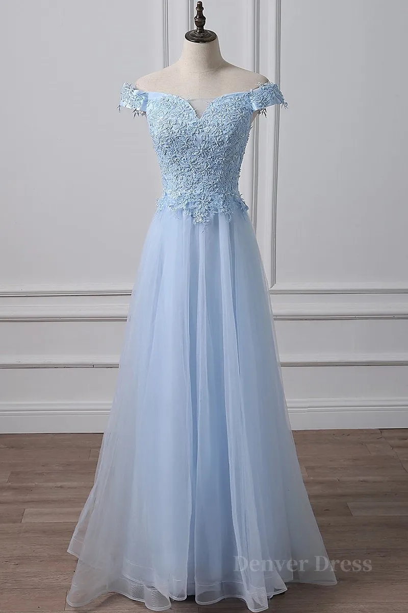 kamahe Elegant Off Shoulder Long Sky Blue Lace Prom Dress, Off Shoulder Sky Blue Formal Dress, Sky Blue Lace Evening Dress