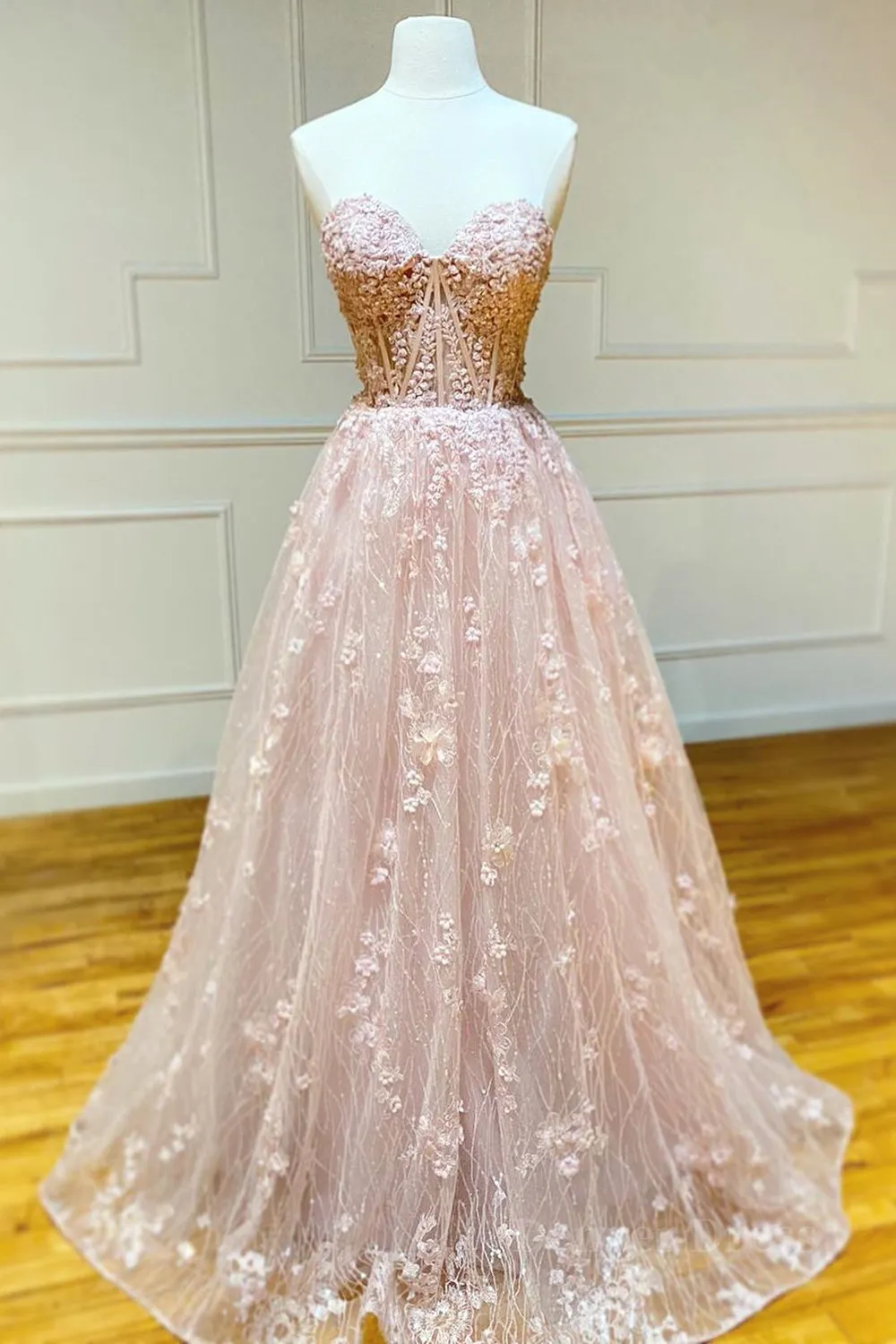 kamahe Strapless Sweetheart Neck Pink Lace Long Prom Dress, Pink Lace Formal Graduation Evening Dress