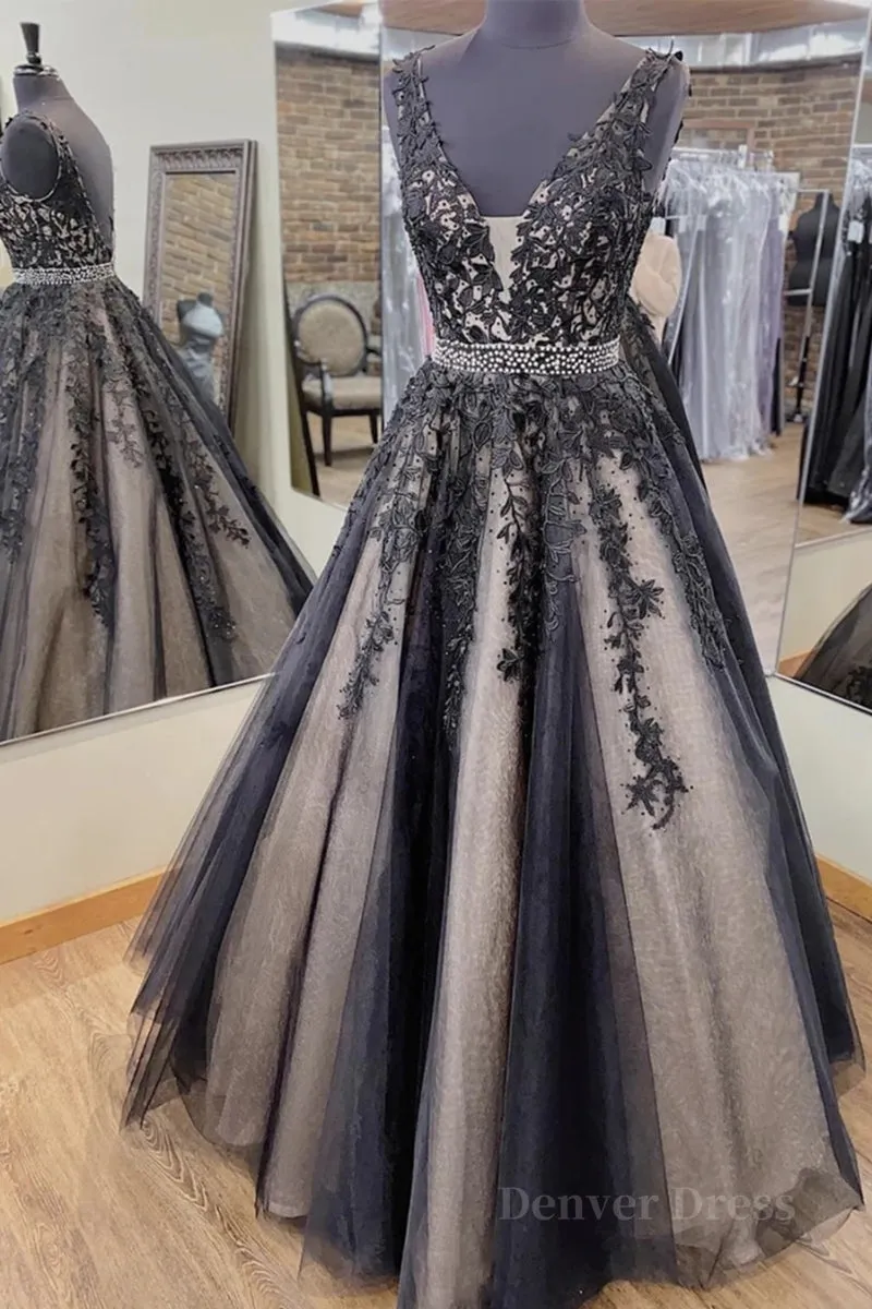 kamahe V Neck Backless Black Lace Long Prom Dress, Black Lace Formal Dress, Black Evening Dress