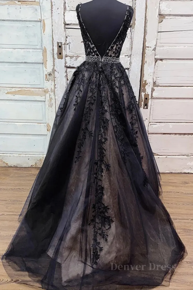 kamahe V Neck Backless Black Lace Long Prom Dress, Black Lace Formal Dress, Black Evening Dress