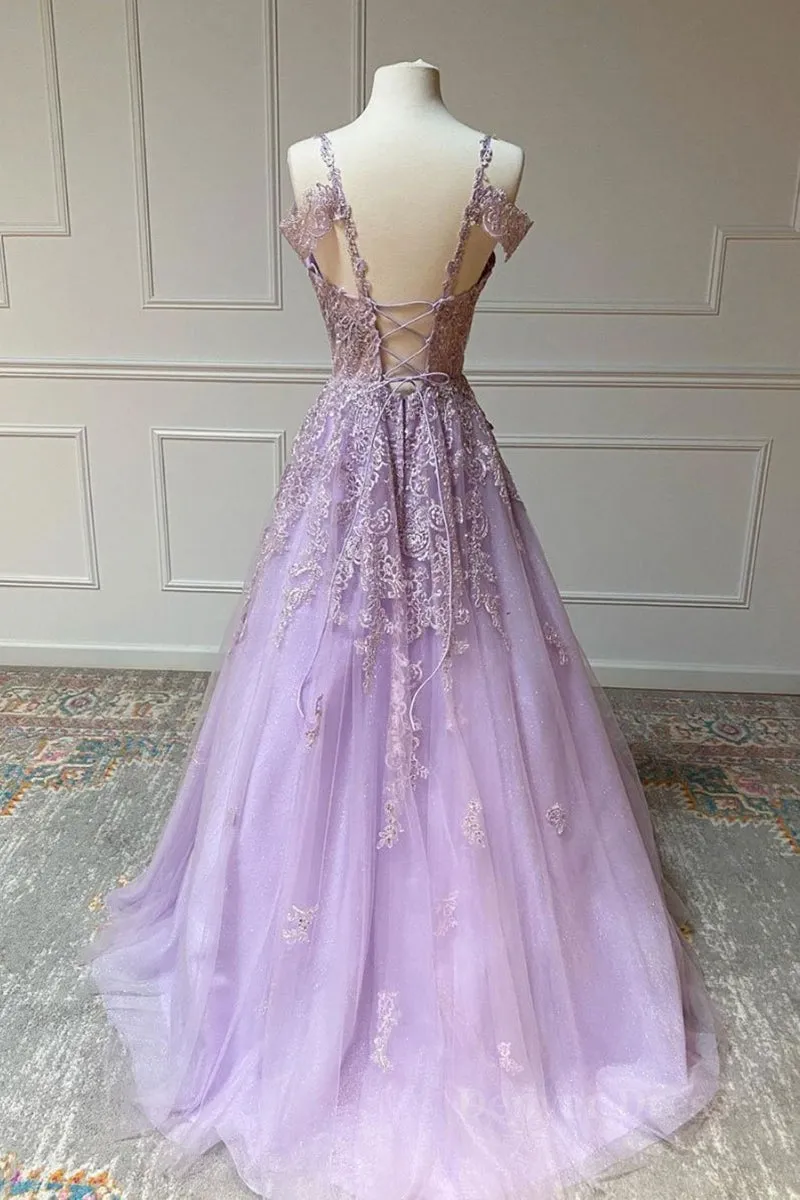 kamahe V Neck Off Shoulder Long Lilac Lace Prom Dress, Off Shoulder Purple Lace Formal Graduation Evening Dress