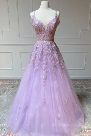 kamahe V Neck Off Shoulder Long Lilac Lace Prom Dress, Off Shoulder Purple Lace Formal Graduation Evening Dress