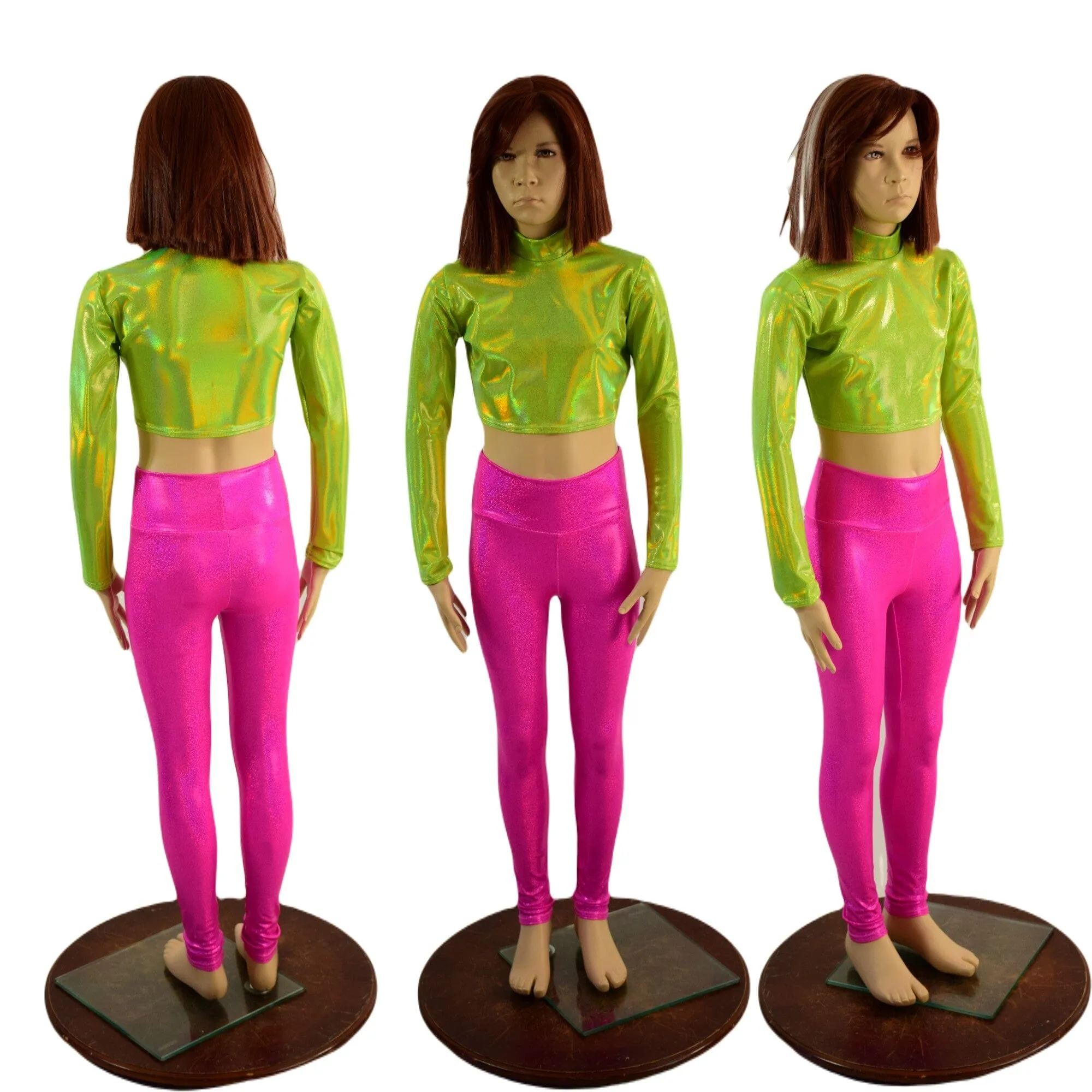 Kids Neon Pink and Green Leggings and Crop Top Set