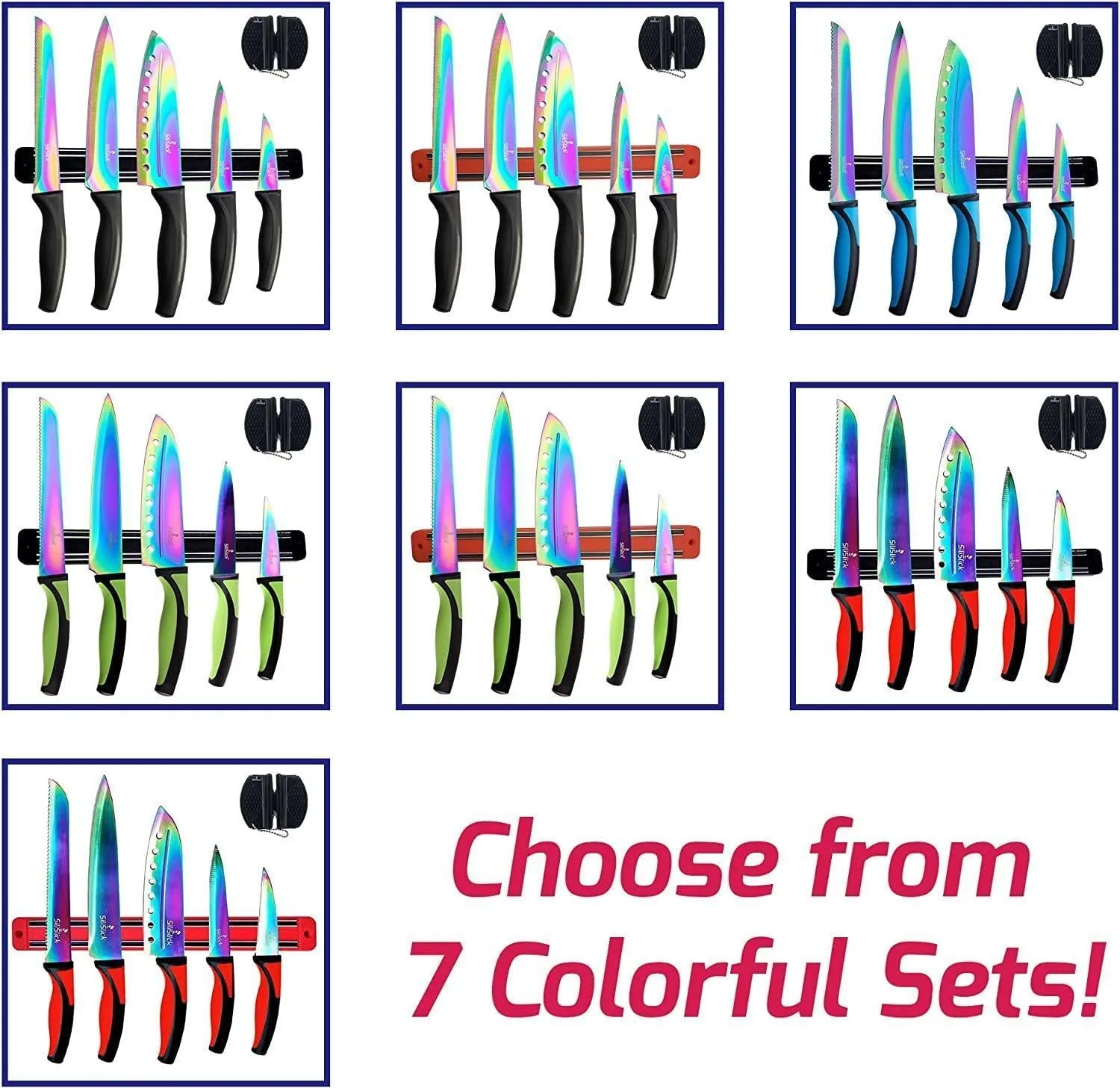 Kitchen Knife Set Kit 5 Dishwasher Safe Colorful Knives with Sharpener Hanger