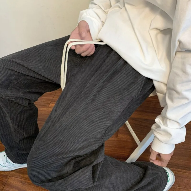 Korean Corduroy Men's Casual Pants Drawstring Man Straight Trosuers 2023 Streetwear Male Baggy Pants Bottoms