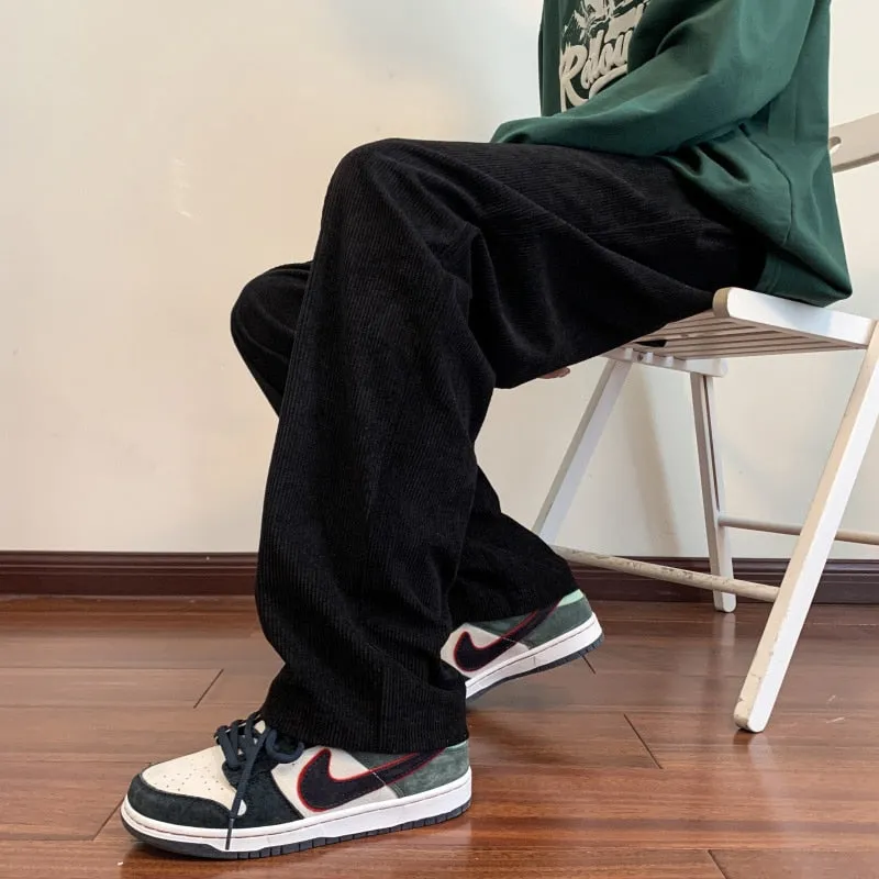 Korean Corduroy Men's Casual Pants Drawstring Man Straight Trosuers 2023 Streetwear Male Baggy Pants Bottoms