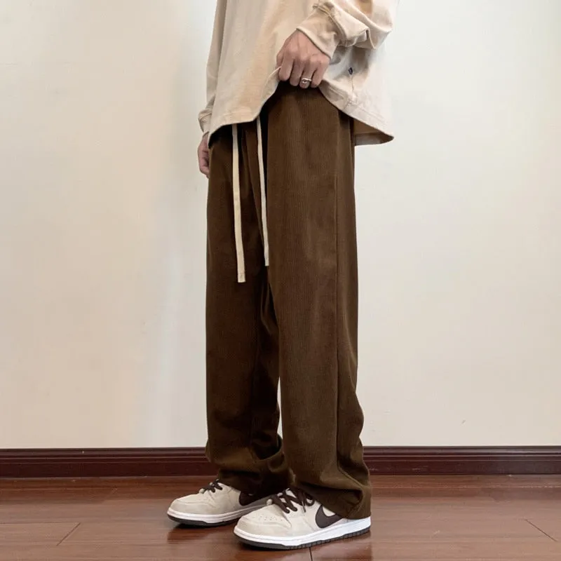 Korean Corduroy Men's Casual Pants Drawstring Man Straight Trosuers 2023 Streetwear Male Baggy Pants Bottoms