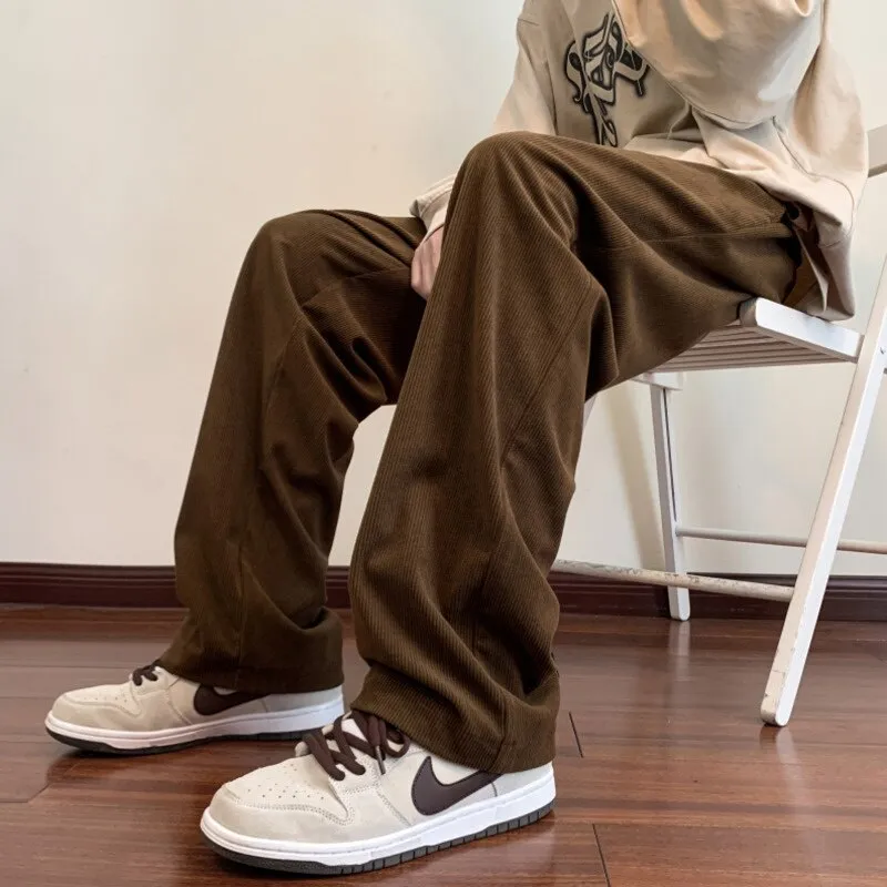 Korean Corduroy Men's Casual Pants Drawstring Man Straight Trosuers 2023 Streetwear Male Baggy Pants Bottoms