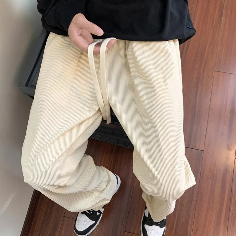 Korean Corduroy Men's Casual Pants Drawstring Man Straight Trosuers 2023 Streetwear Male Baggy Pants Bottoms