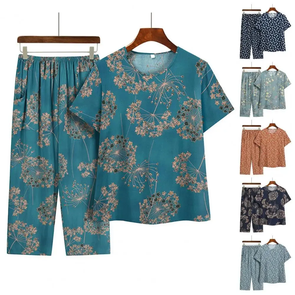 Ladies Pajamas Suit Floral Print Mid-aged Women's Pajama Set with Wide Leg Trousers Elastic Waist Comfortable for Grandmothers