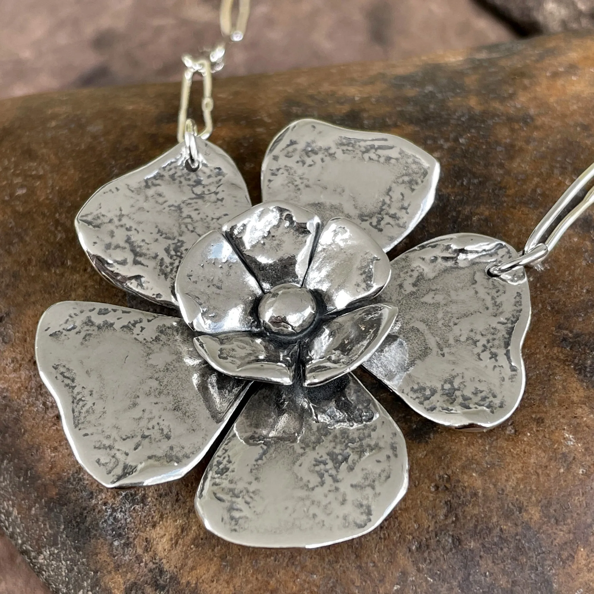 Large Double Flower Necklace on Long Oval Chain