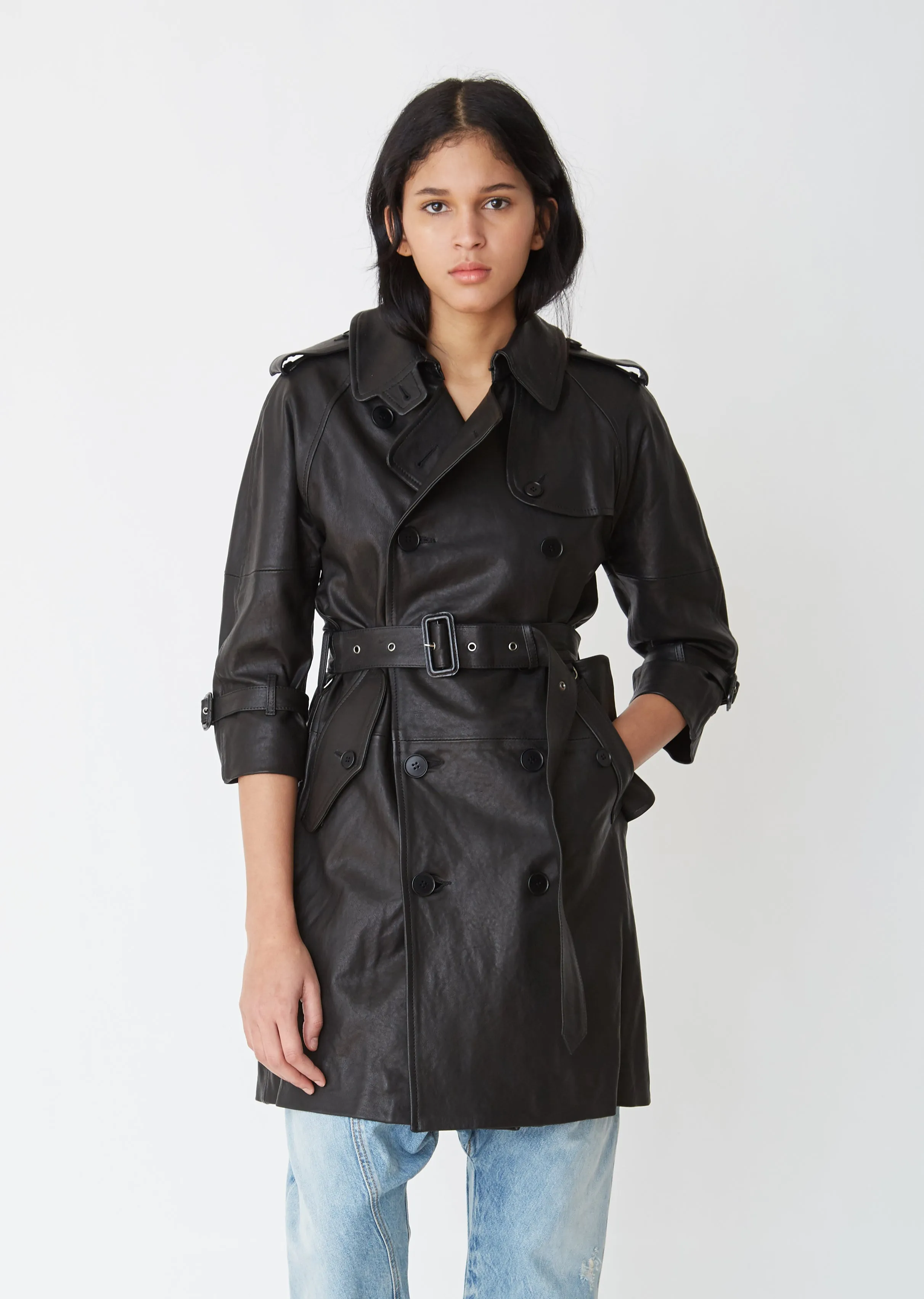 Leather 3/4 Sleeve Trench Coat