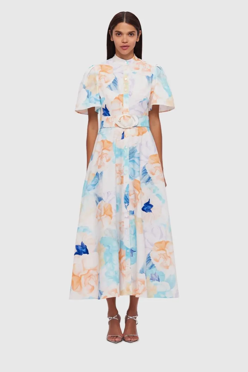 Leo Lin Bianca Short Sleeve Midi Dress - Rosebud Print in Cream