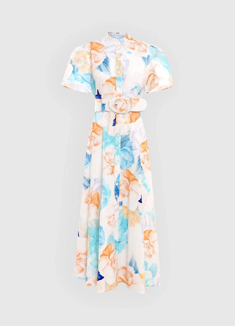 Leo Lin Bianca Short Sleeve Midi Dress - Rosebud Print in Cream