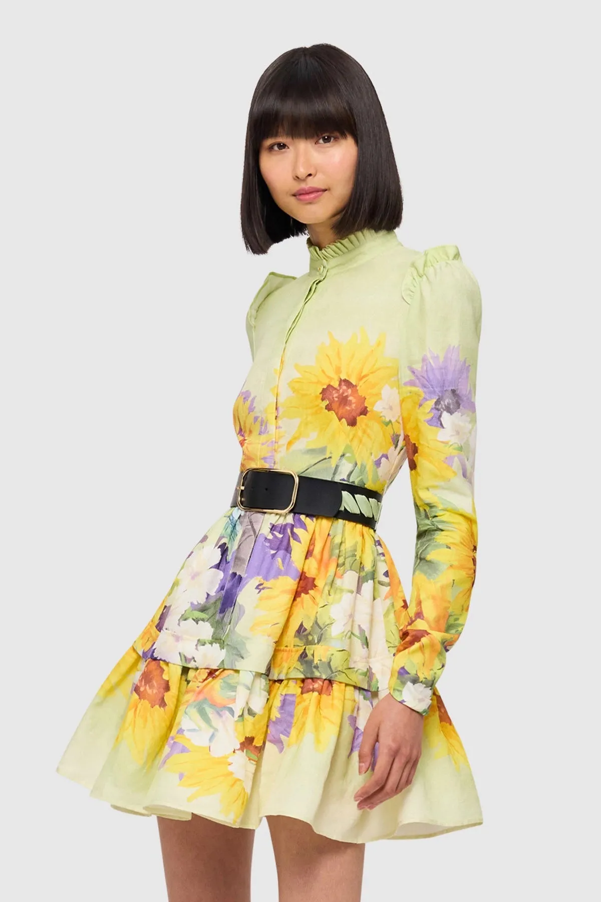 Leo Lin Christina High Neck Mini Dress - Sunflower Print in Green