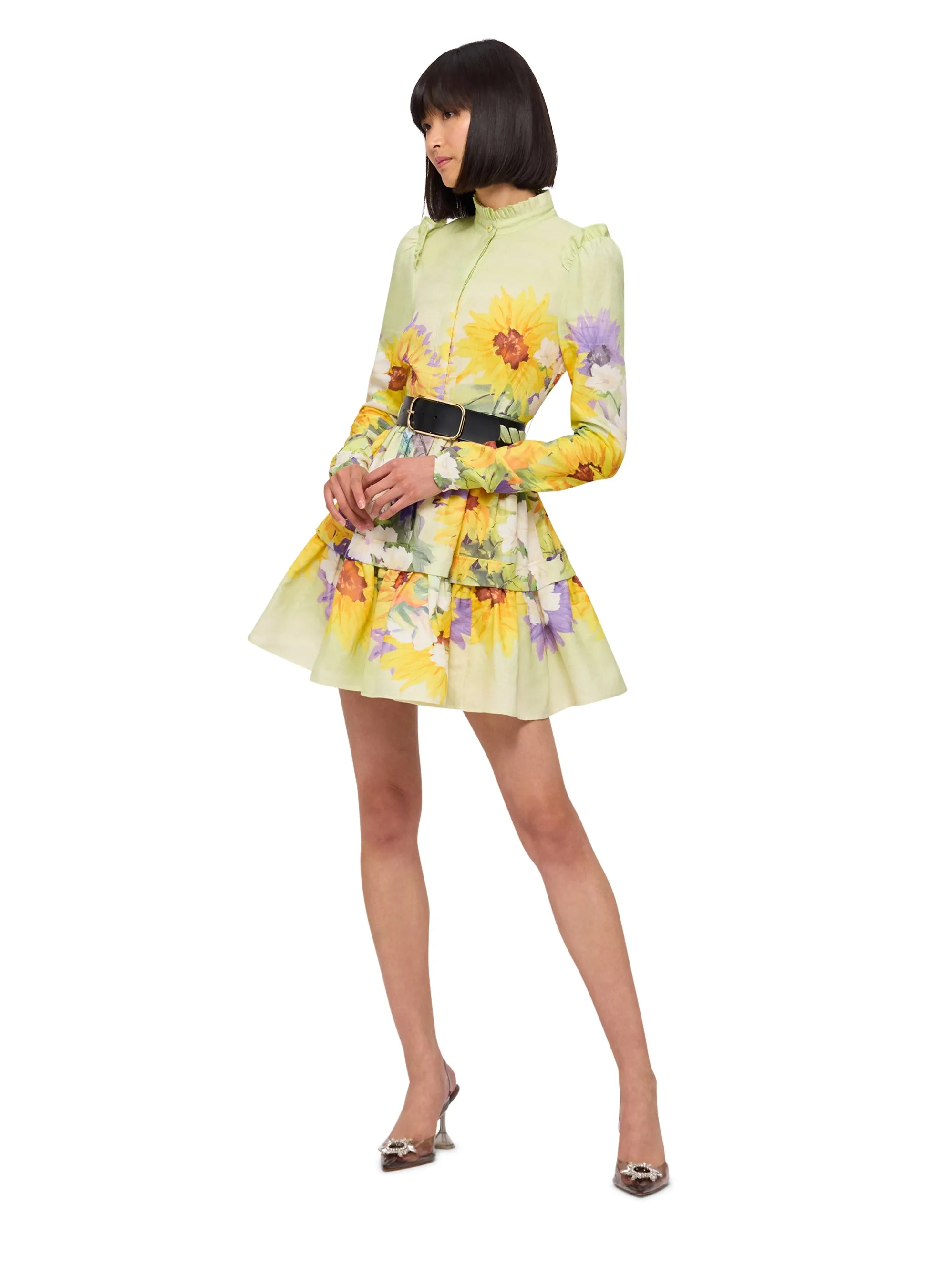 Leo Lin Christina High Neck Mini Dress - Sunflower Print in Green