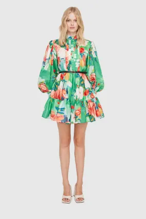 Leo Lin Florescence Silk Linen Mini Dress - Blossom Lily Pad Green