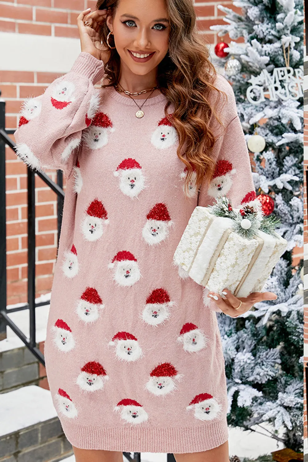 Light Pink Fuzzy Christmas Santa Clause Sweater Dress