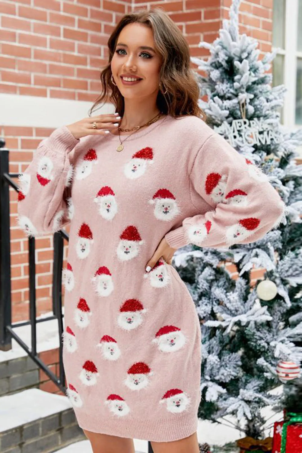 Light Pink Fuzzy Christmas Santa Clause Sweater Dress