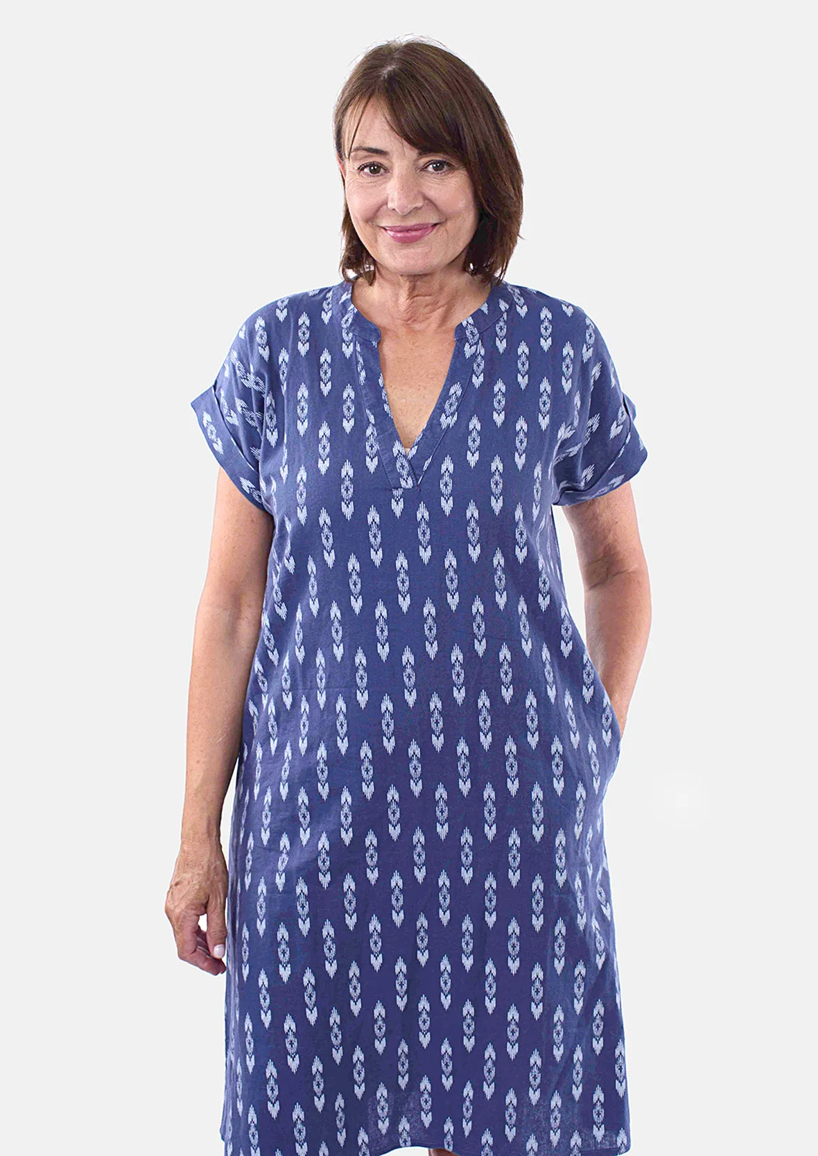 Linen Notch Neck Ikat Dress