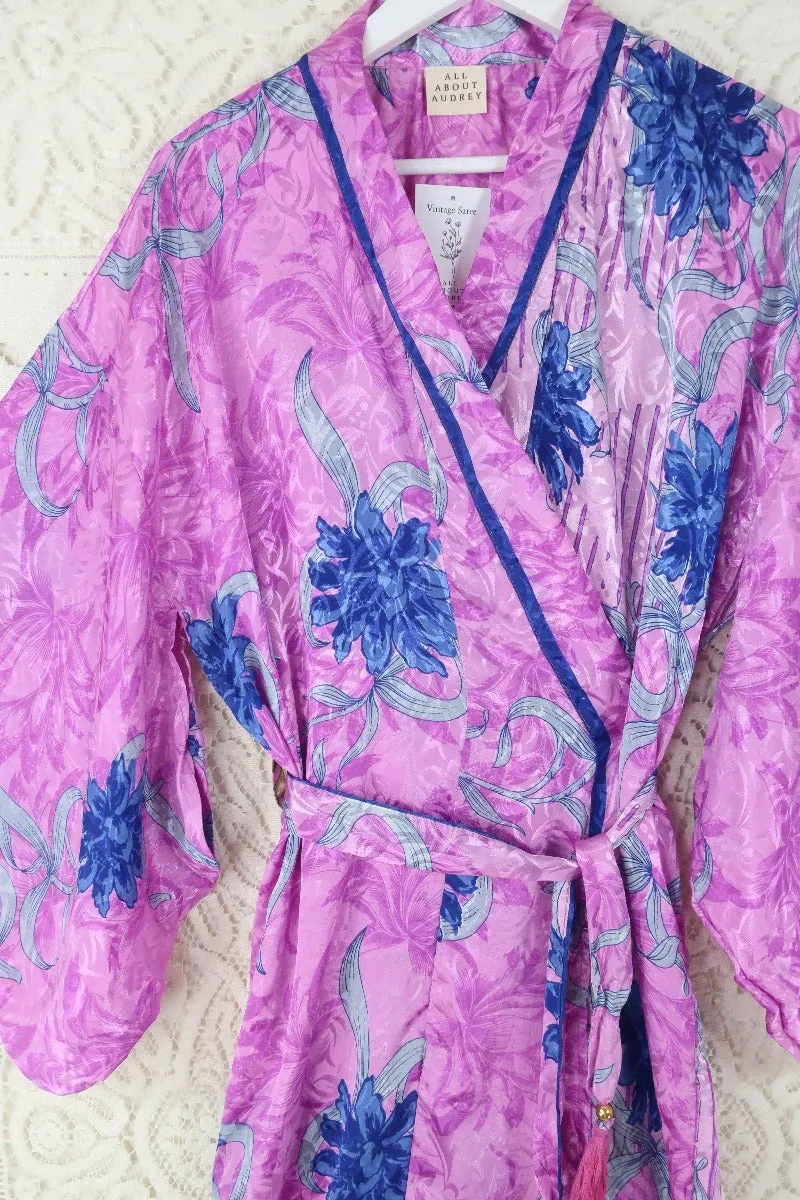 Lotus Kimono Dress - Vintage Sari -  Pastel Pink & Sapphire Shimmer- Free Size