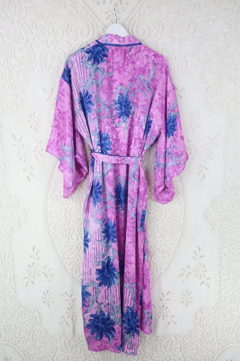 Lotus Kimono Dress - Vintage Sari -  Pastel Pink & Sapphire Shimmer- Free Size