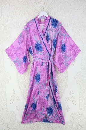 Lotus Kimono Dress - Vintage Sari -  Pastel Pink & Sapphire Shimmer- Free Size