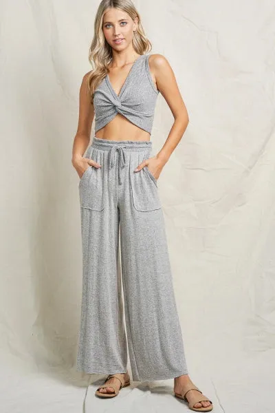 Maronie Grey Lounge Set | Twist Front Top   Wide Leg Pants