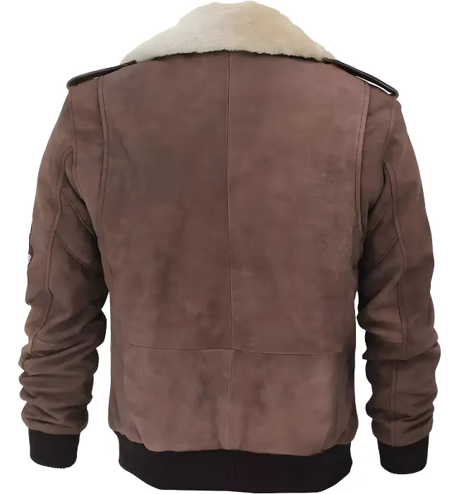 Men Brown Suede Leather Shearling Collar Bomber Jacket