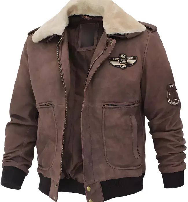 Men Brown Suede Leather Shearling Collar Bomber Jacket