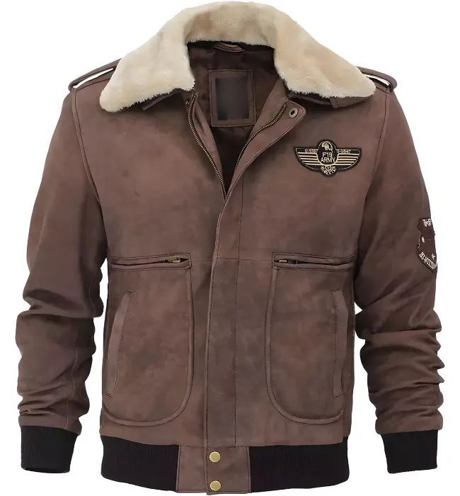 Men Brown Suede Leather Shearling Collar Bomber Jacket