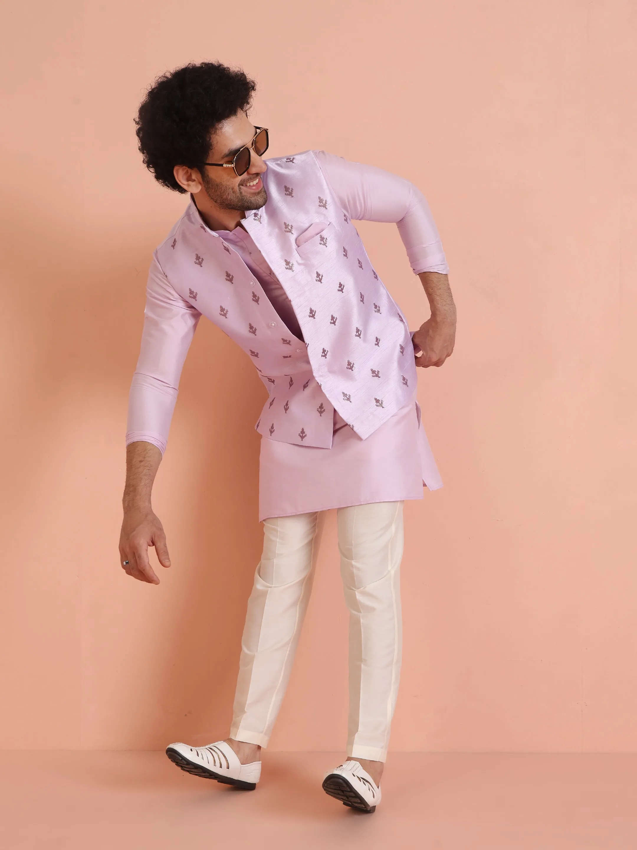 Men Lilac Embroidered Jacket (Set of 1)