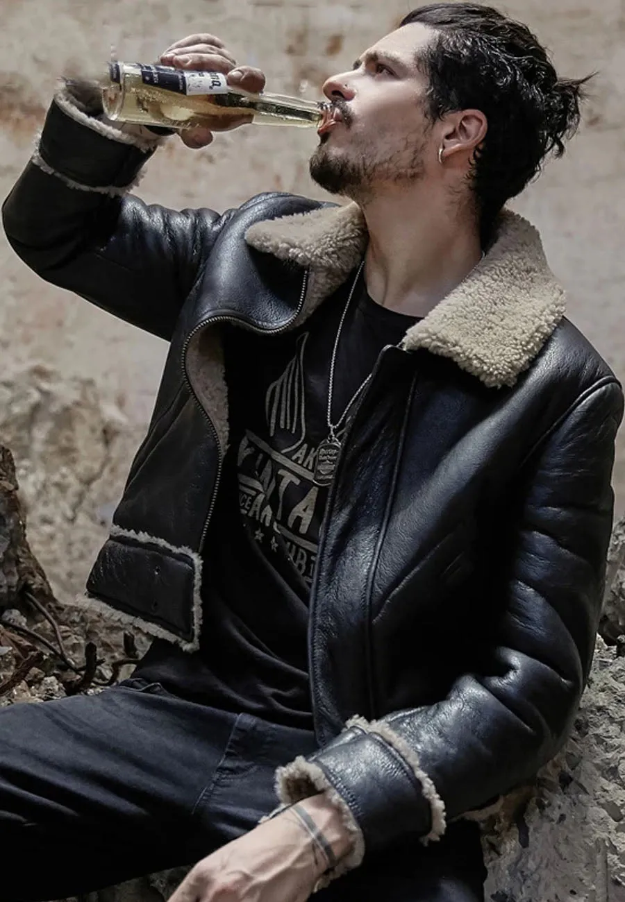 Men's Black Motorcycle Shearling Jacket