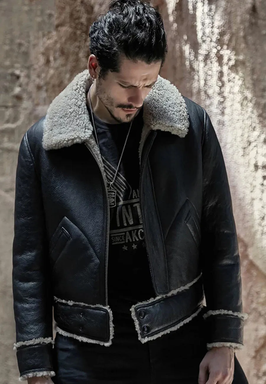 Men's Black Motorcycle Shearling Jacket