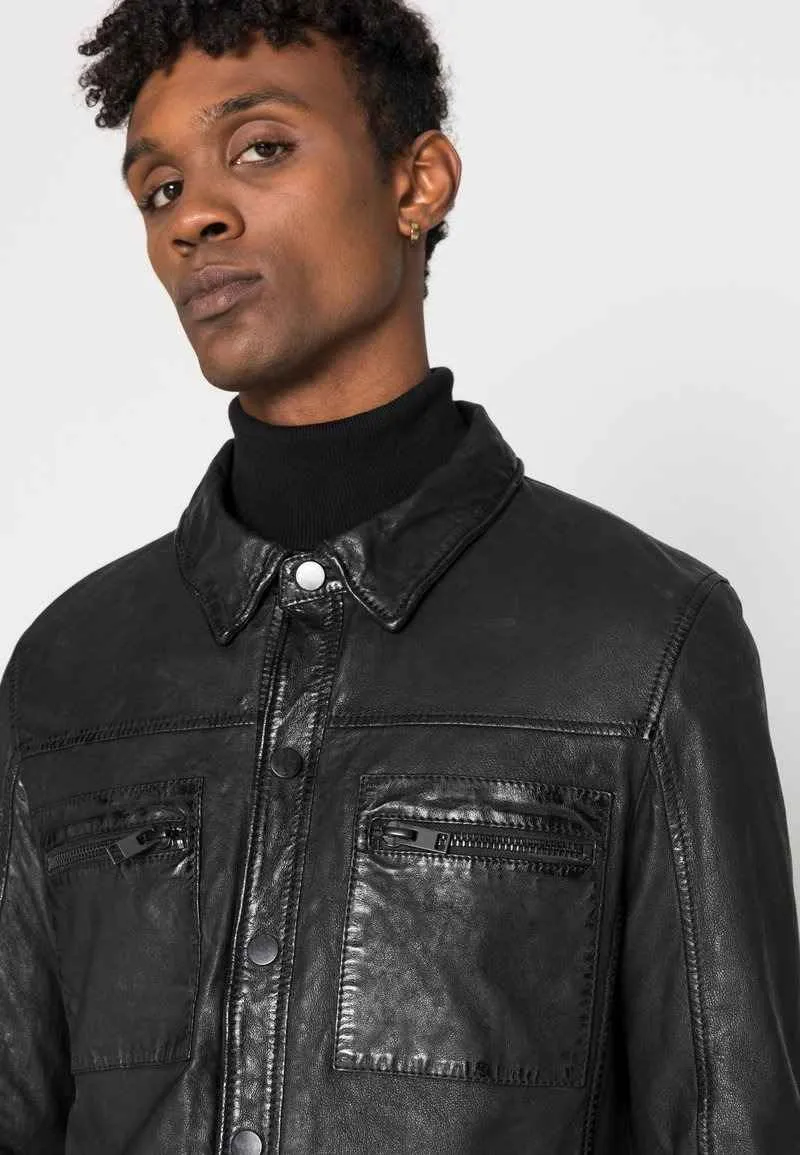 Mens Black Reversible Leather Jacket Shirt