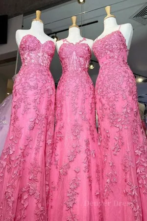 Mermaid Hot Pink Lace Long Prom Dress, Long Hot Pink Formal Graduation Evening Dress