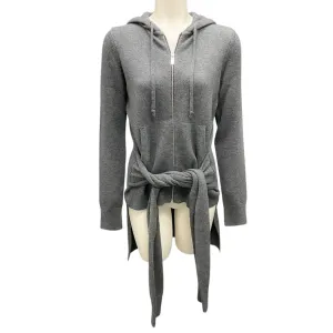 Michael Kors Collection Grey Banker Mel Hooded Tie-Waist High-Low Cashmere Knit Sweater